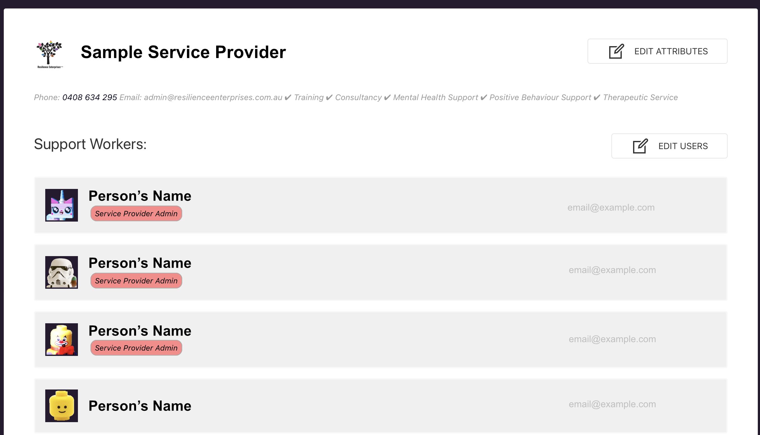 Service Provider Page